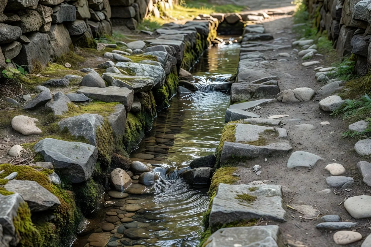 Levada de pedra com água a correr ao longo de caminho na encosta verde