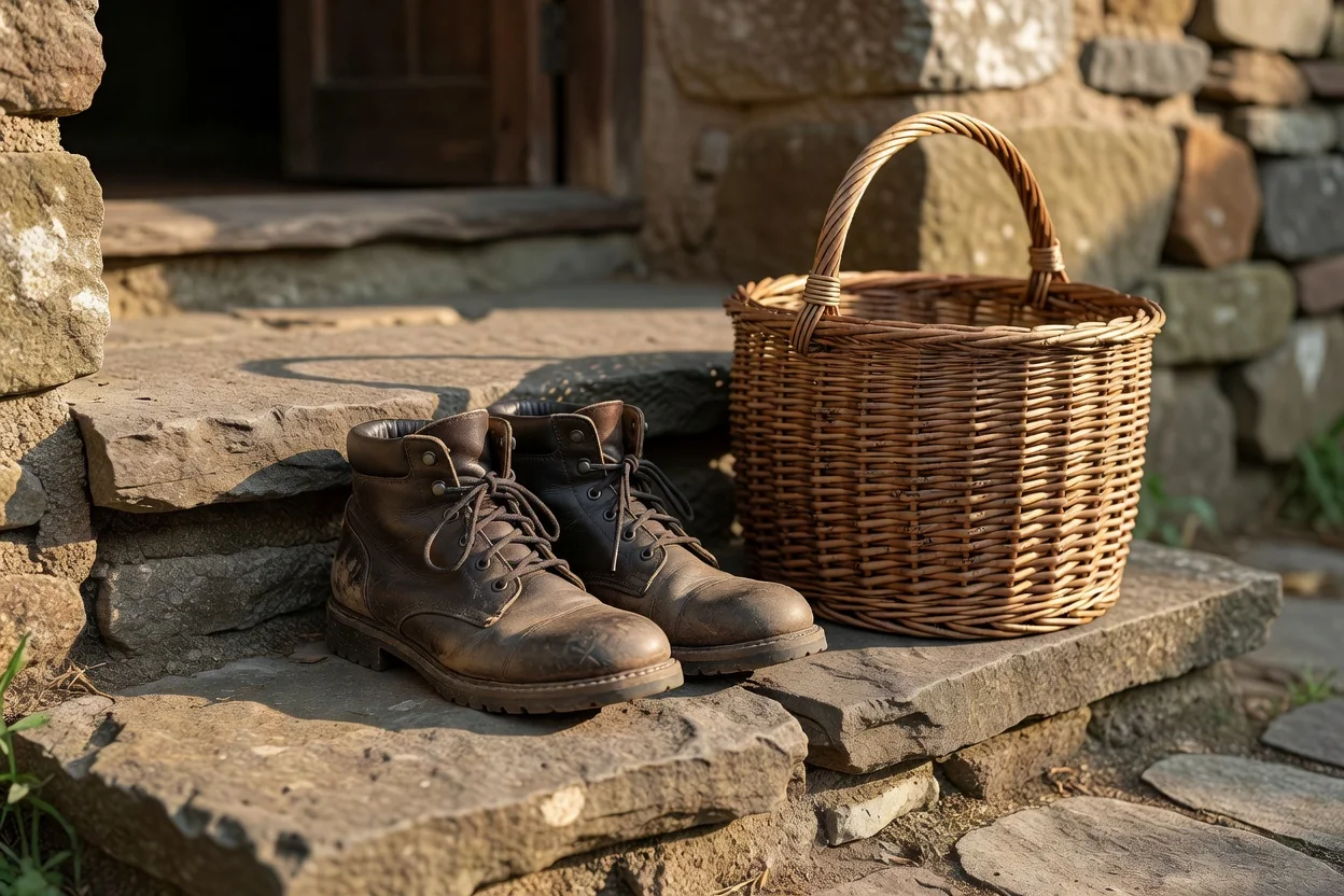 Botas de caminhada e cesto de verga à porta de casa de xisto