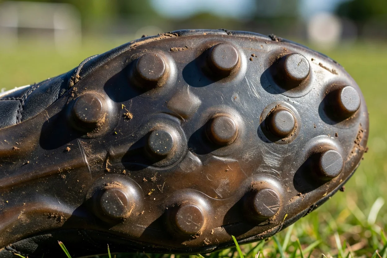 Worn smooth studs of an old football boot sole in bright macro