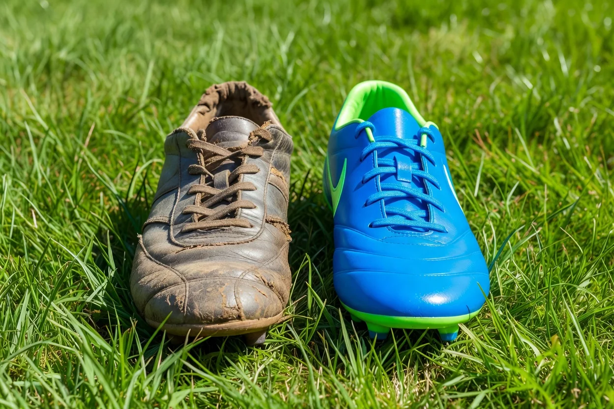 Old cracked leather football boot next to a new vivid boot on bright grass