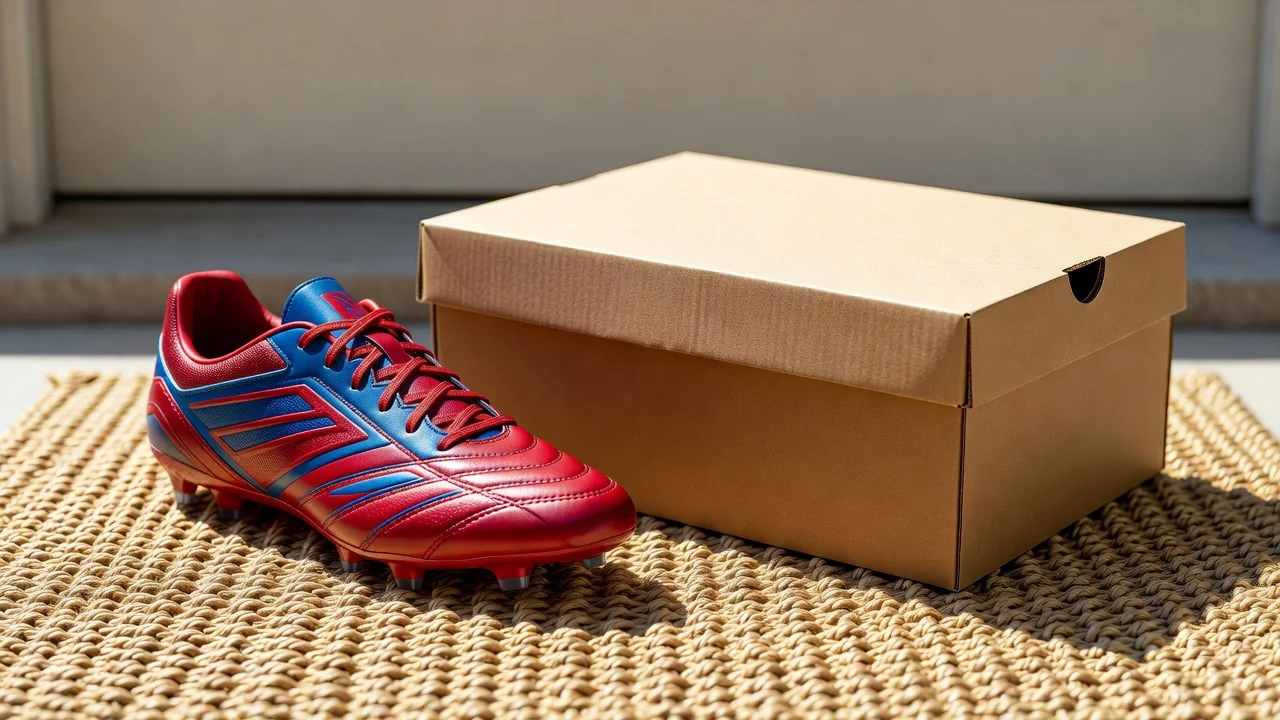 Football boot and blank delivery box on a bright doorstep mat