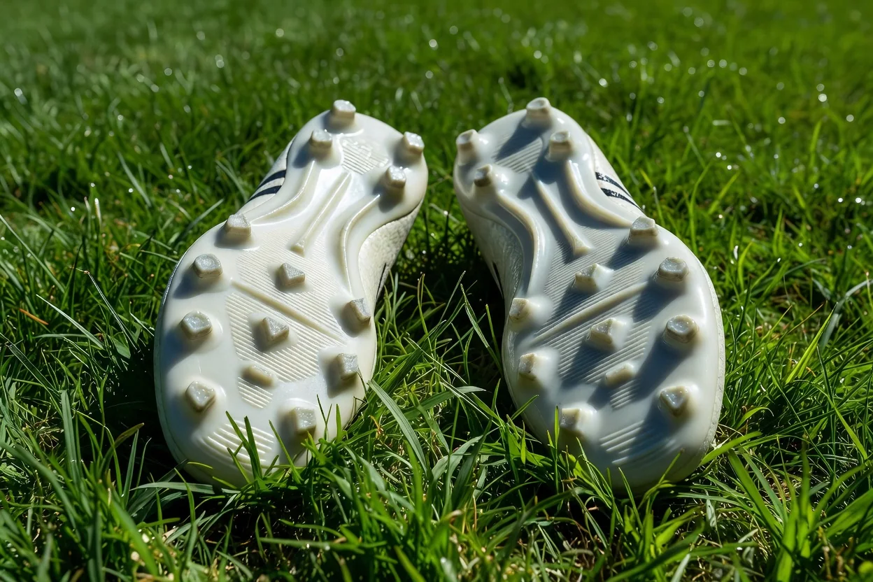Two football boot soles with different stud patterns side by side in daylight