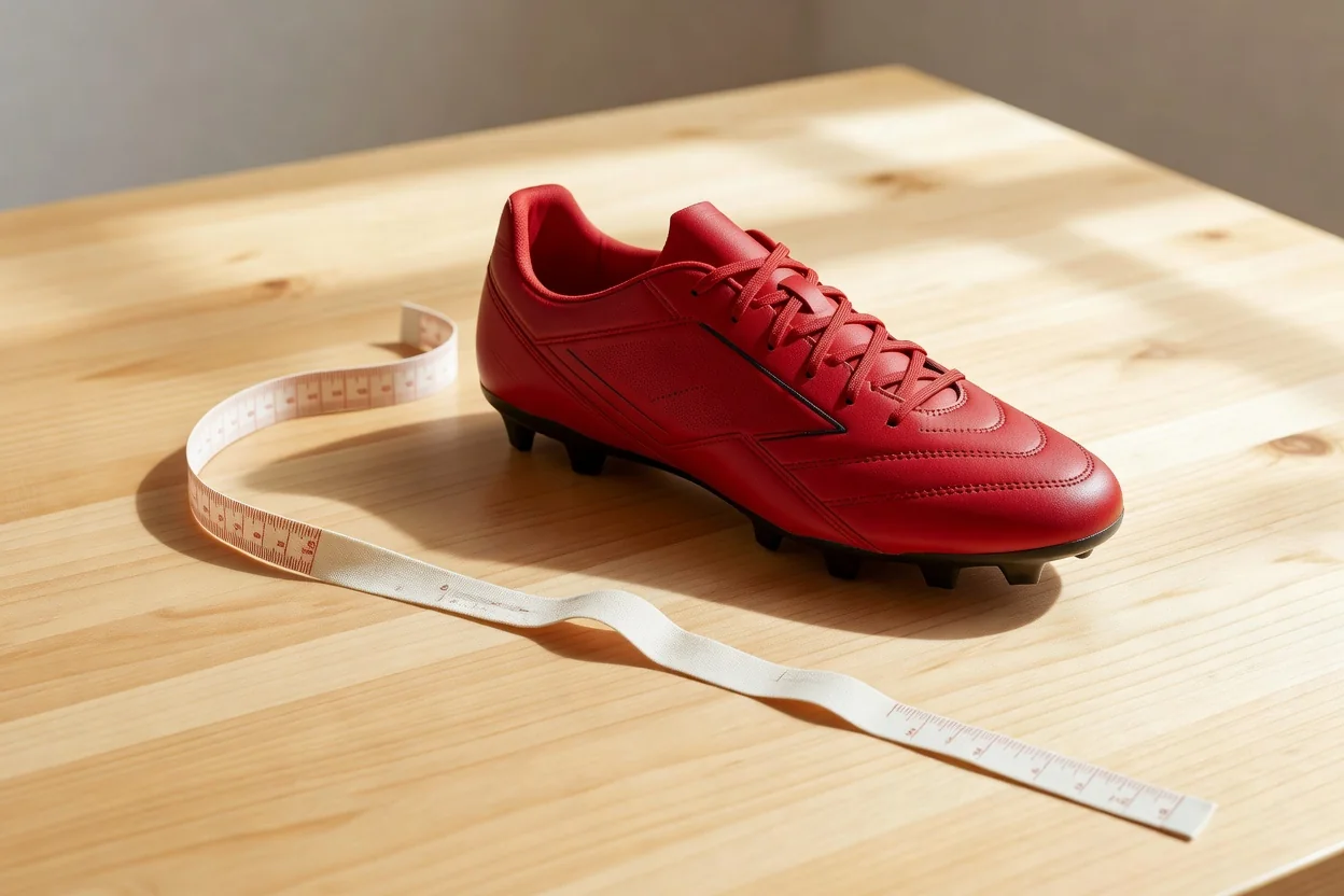 Football boot next to a measuring tape on a bright wooden table