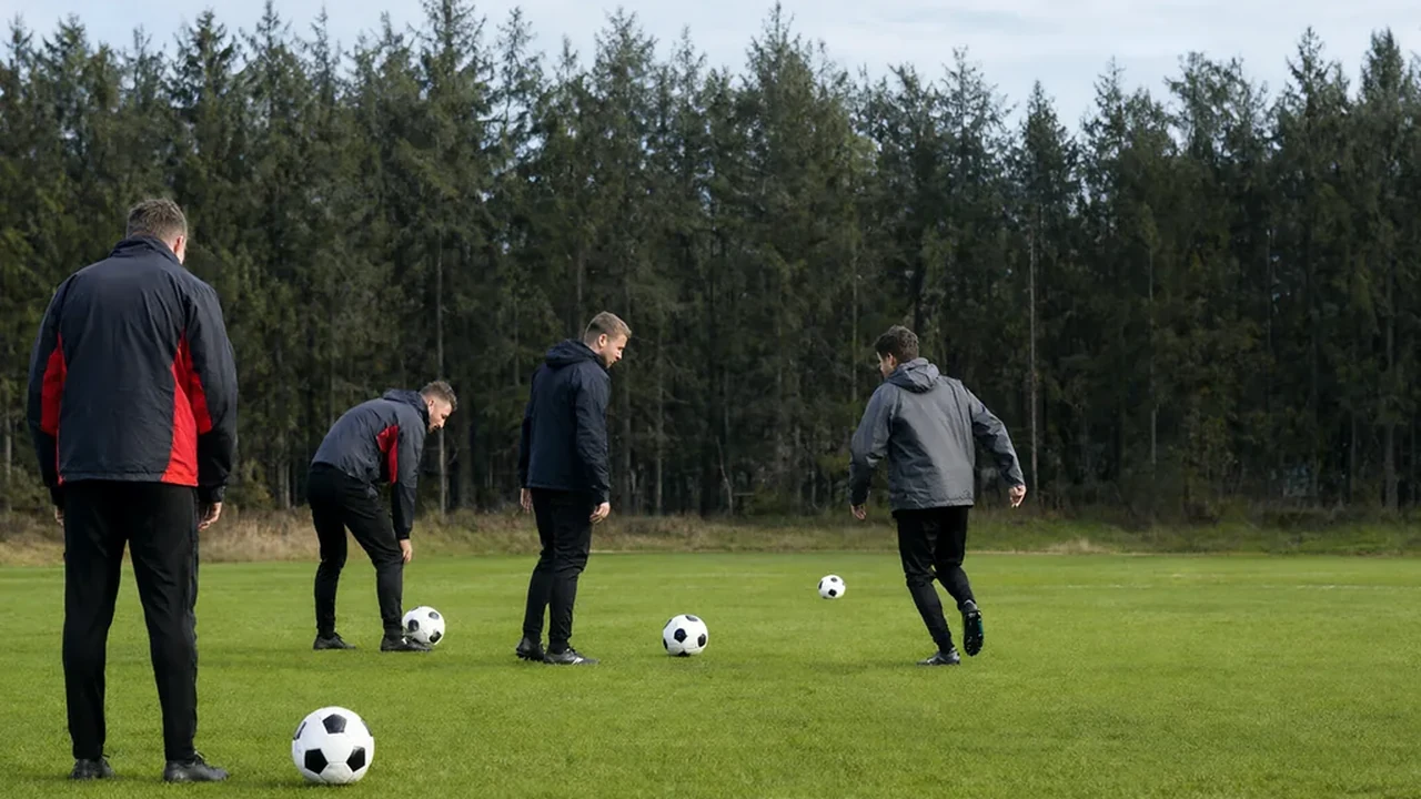 Three footballs of different sizes in a row on bright grass
