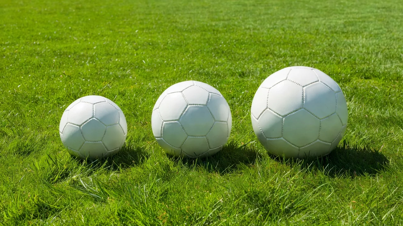 Three footballs of different sizes in a row on bright grass
