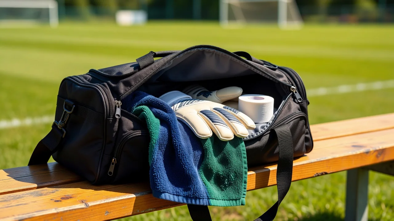 Open sports bag with goalkeeper gloves towel and tape on a bench