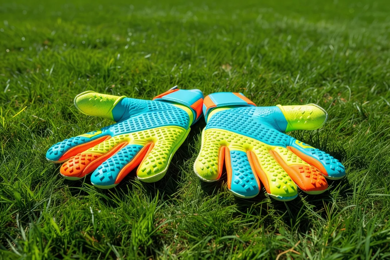 Pair of vivid goalkeeper gloves palms-up on bright grass