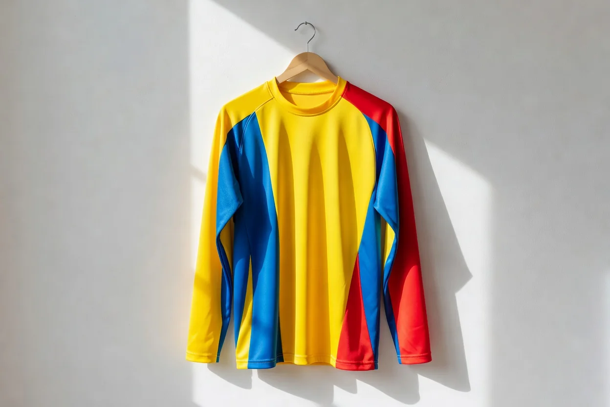 Bright goalkeeper jersey with long sleeves hanging on a hanger