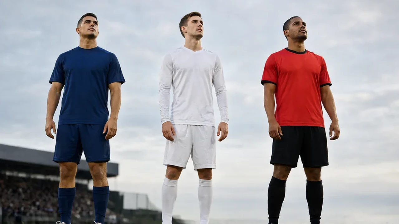 Three folded football shirts in different plain colours on a bright shelf