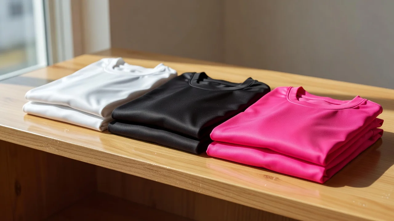 Three folded football shirts in different plain colours on a bright shelf