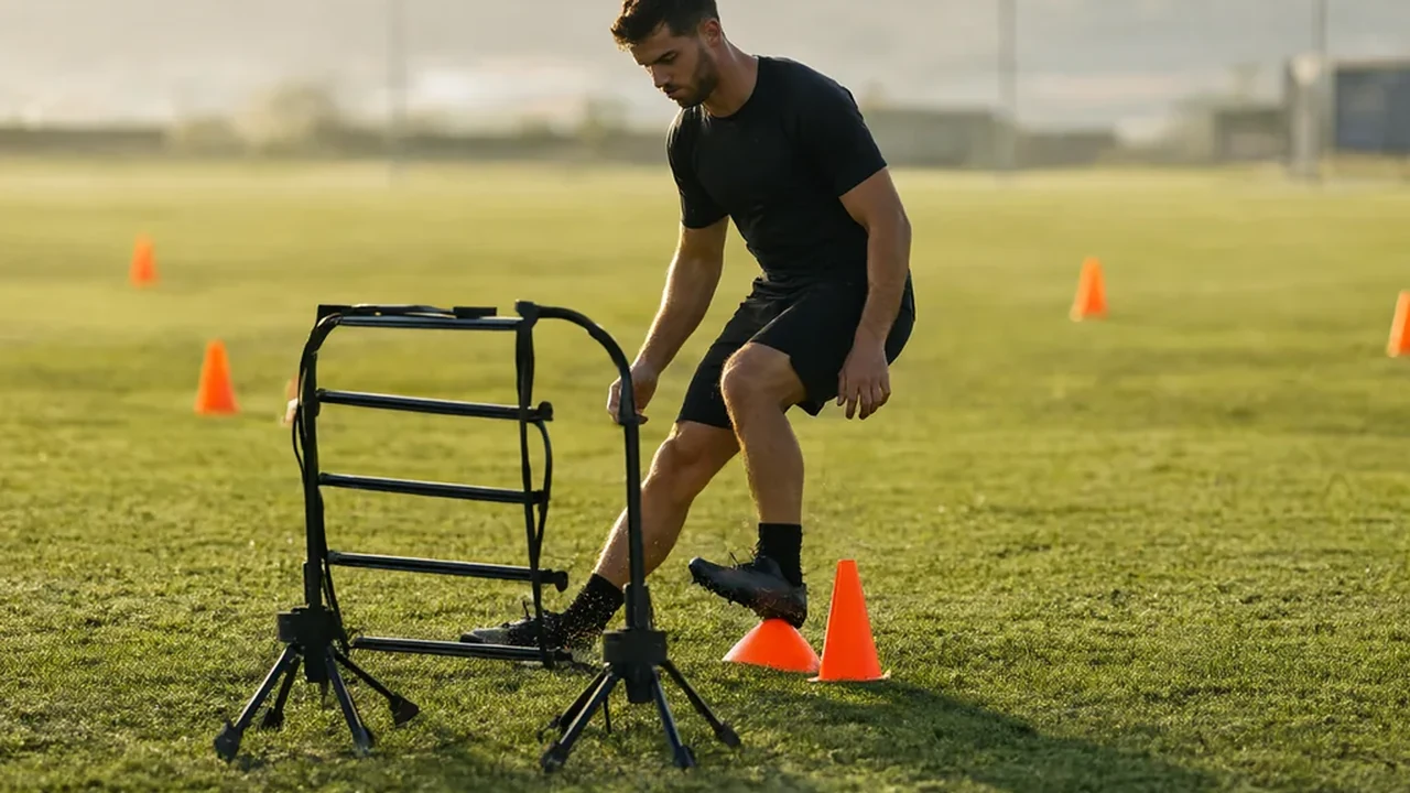 Bright orange training cones and an agility ladder on vivid grass