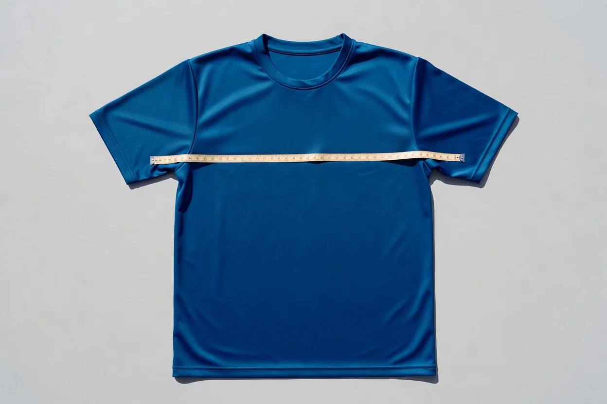 Plain football shirt laid flat with a measuring tape across the chest