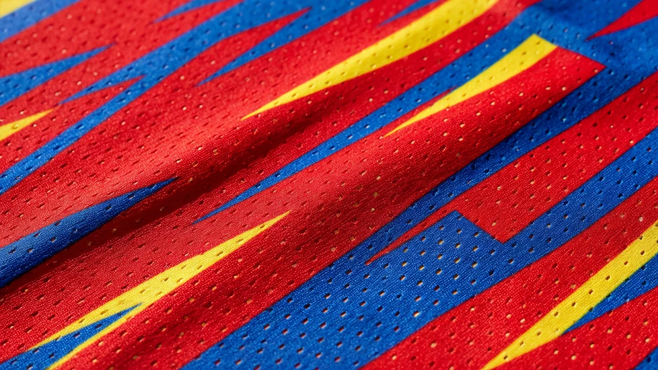 Macro close-up of football shirt fabric weave in bright window light