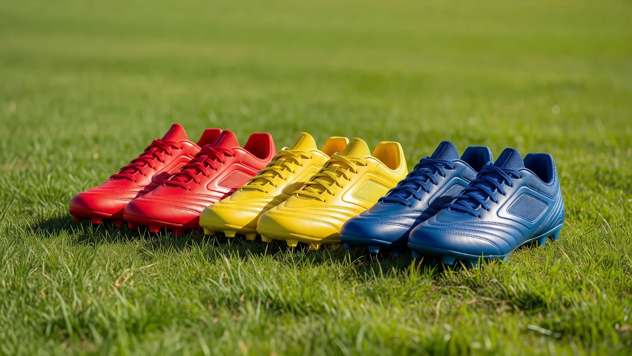 Three pairs of football boots in different colours lined up on vivid grass
