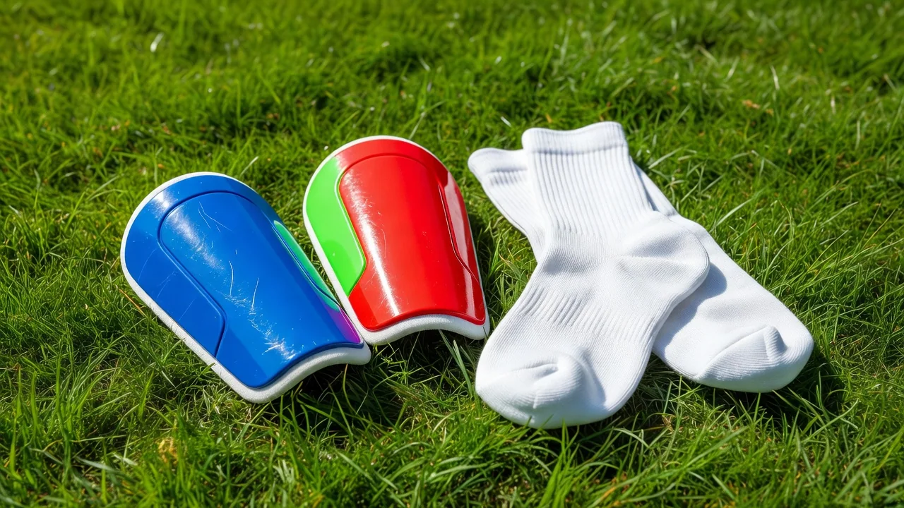 Pair of vivid shin pads lying on bright grass next to football socks