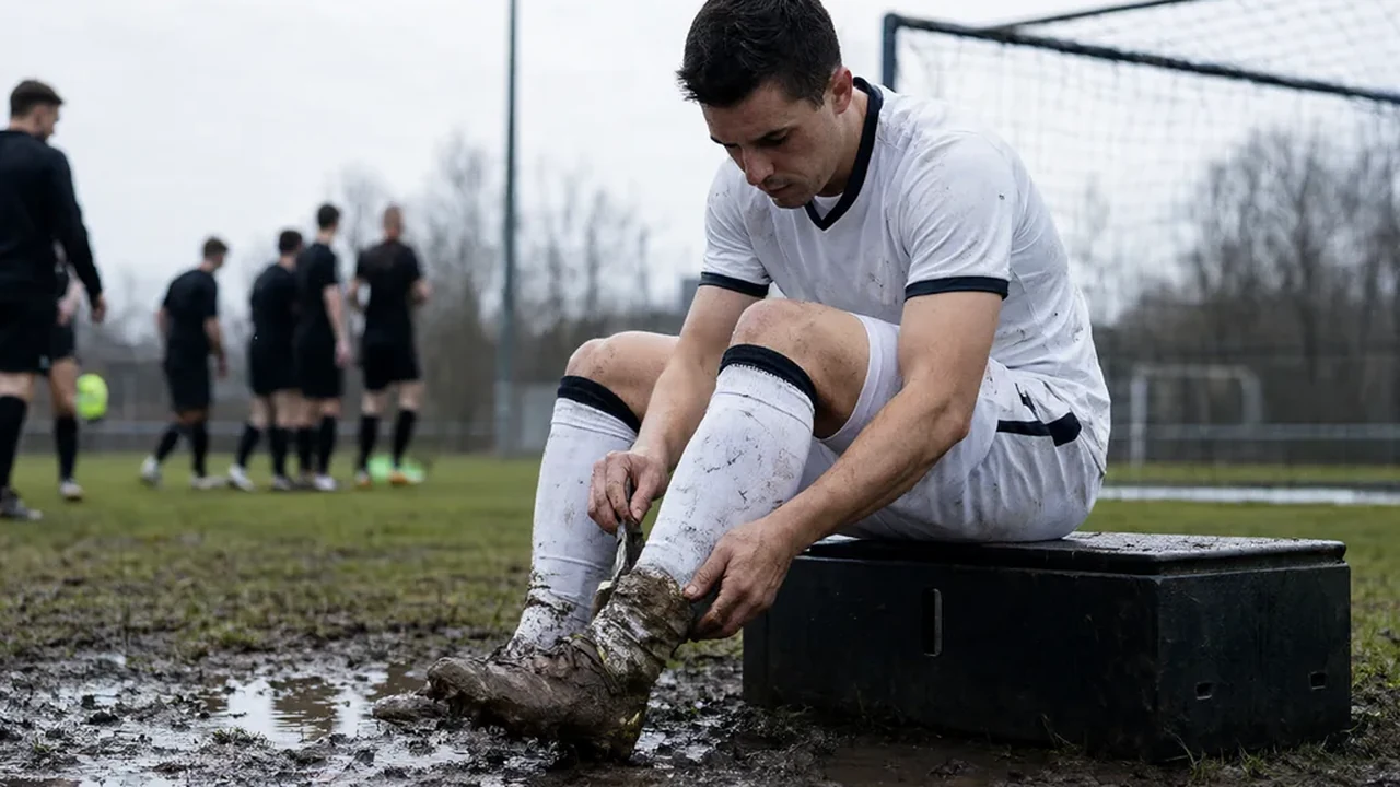 Muddy football boot being cleaned with a brush beside a cloth