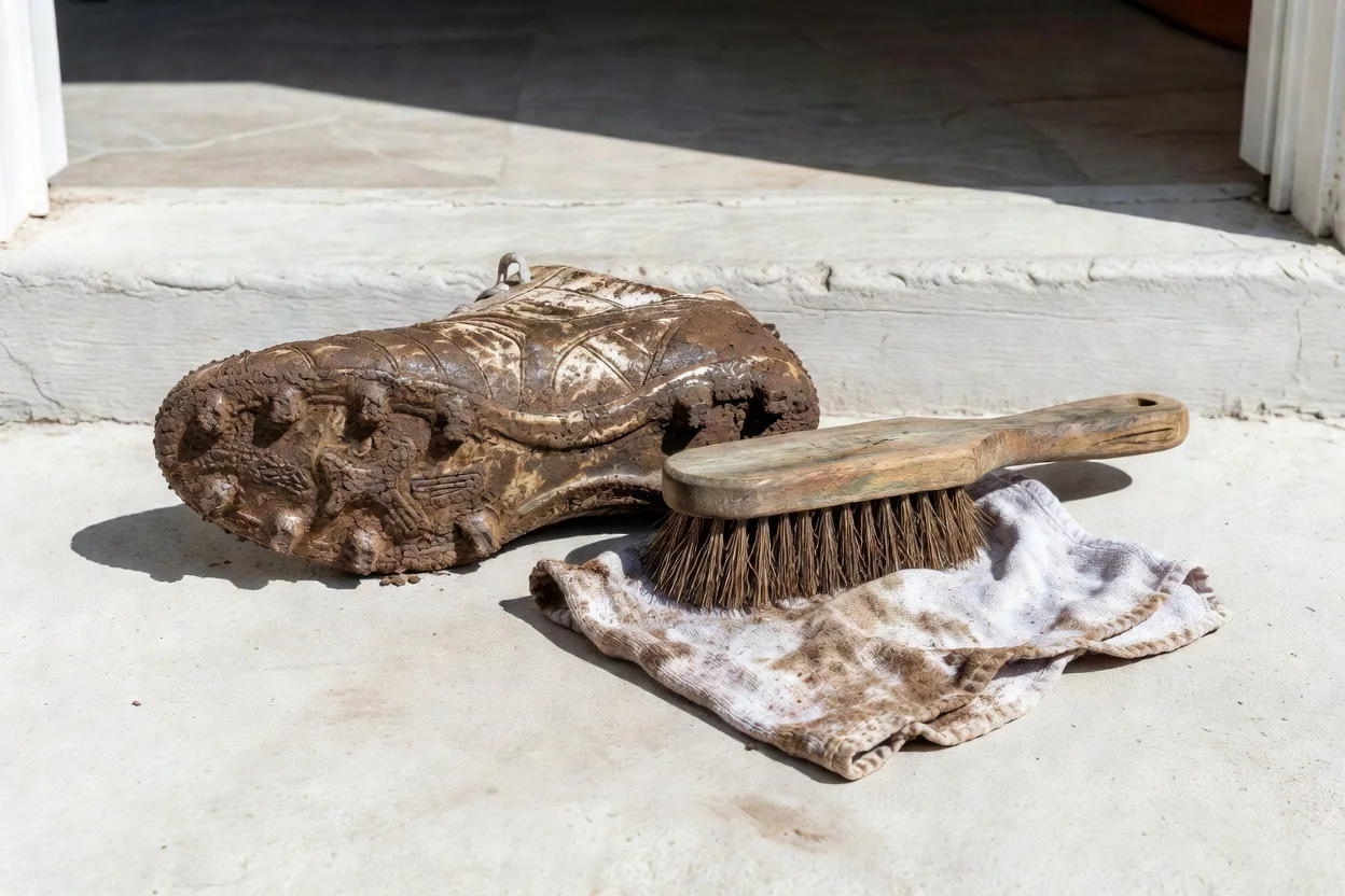 Muddy football boot being cleaned with a brush beside a cloth