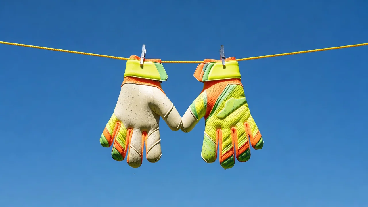 Goalkeeper gloves hanging to dry on a bright washing line