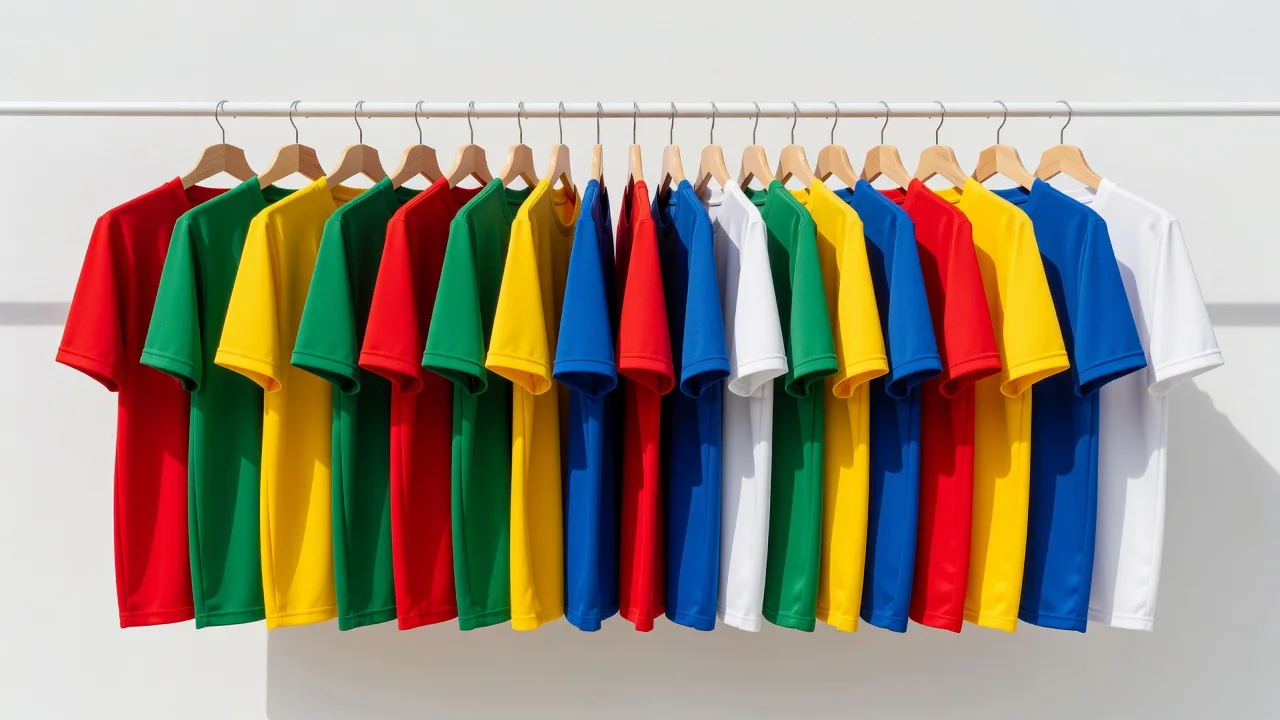 Row of plain colourful football shirts on hangers against a bright wall