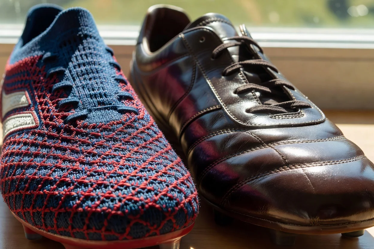 Close-up of knitted football boot texture next to smooth leather boot