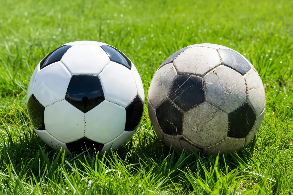 Two footballs side by side on vivid grass, one glossy and one worn matte