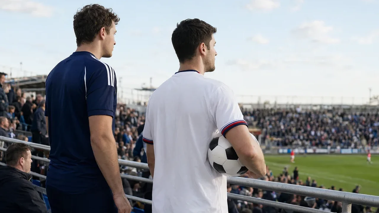Two plain football shirts in vivid colours hanging side by side on hangers