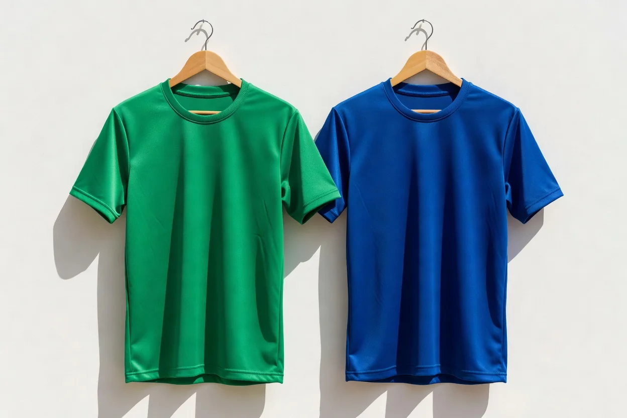 Two plain football shirts in vivid colours hanging side by side on hangers