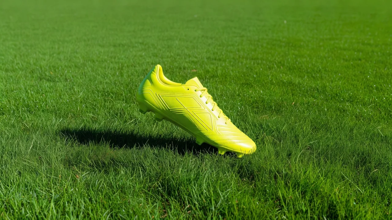 Lightweight vivid football boot photographed in bright sunlight on grass