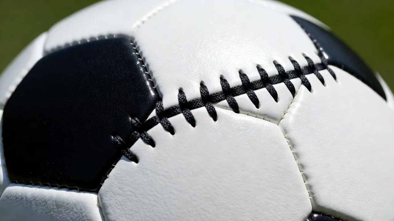 Macro close-up of a football panel seam in bright daylight