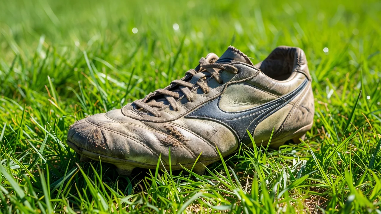 Worn football boot with faded colour on bright grass in sunlight